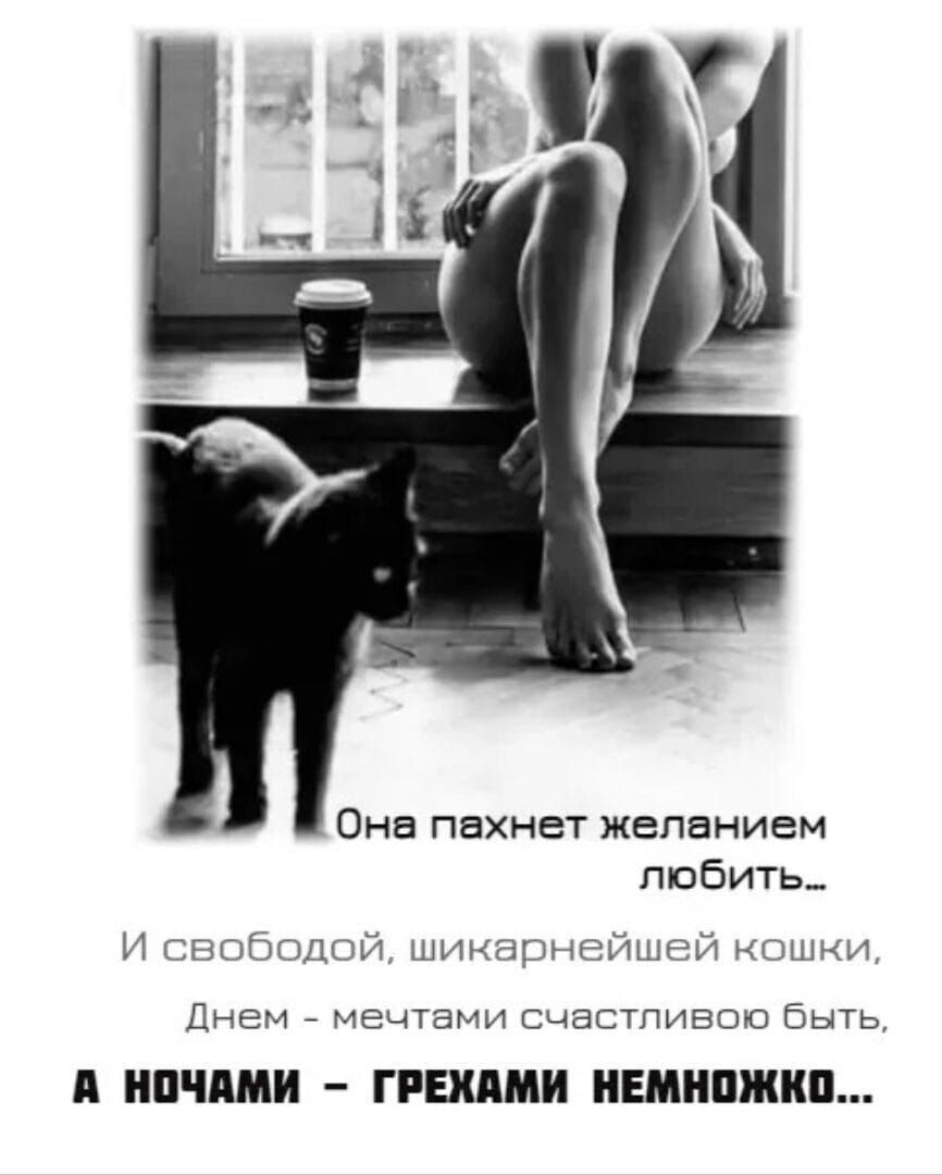 Она пахнет желанием любить... И свободой, шикарнейшей кошки, Днем - мечтами счастливою быть, А ночью - грехами немножко...