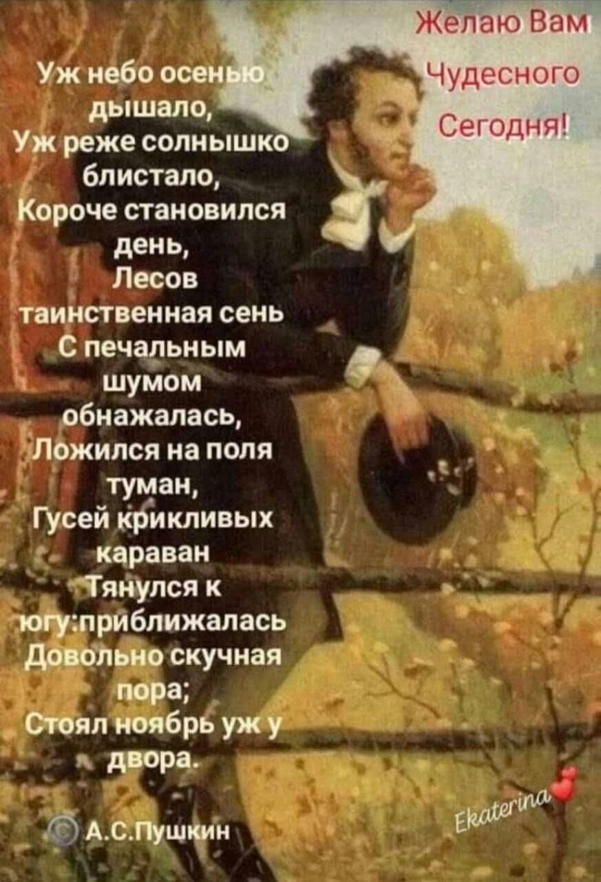 Уж небо осенью дышало,
Уж реже солнышко блисталo,
Короче становился день,
Лесов таинственная тень
С печальным шумом обнажалась,
Ложился на поля туман,
Гусей крикливых караван
Тянулся к югу: приближалась
Довольно скучная пора;
Стоял ноябрь уж у двора.