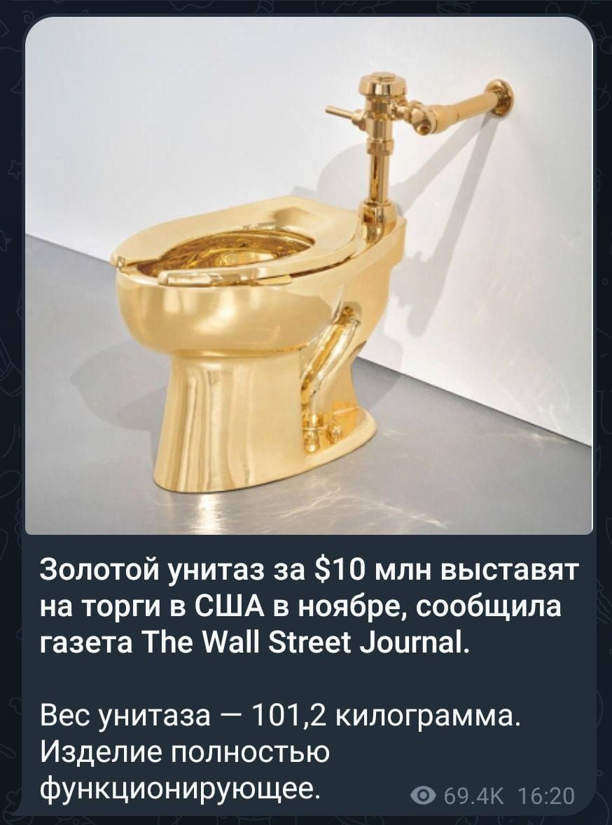 Золотой унитаз за $10 млн выставят на торги в США в ноябре, сообщила газета The Wall Street Journal. Вес унитаза — 101,2 килограмма. Изделие полностью functioning.