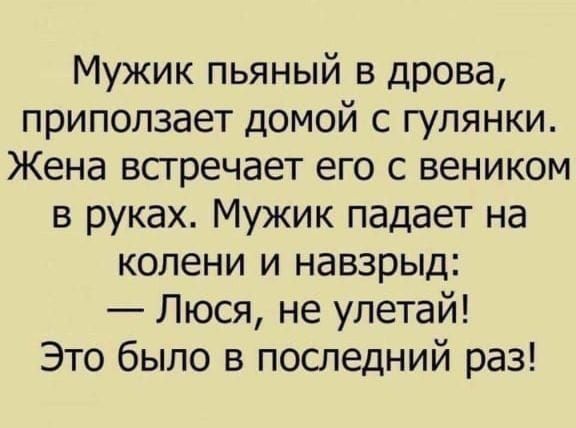 Мужик пьяный в дрова, приползает домой с гулянки. Жена встречает его с веником в руках. Мужик падает на колени и взмолится: — Люся, не улетай! Это было в последний раз!