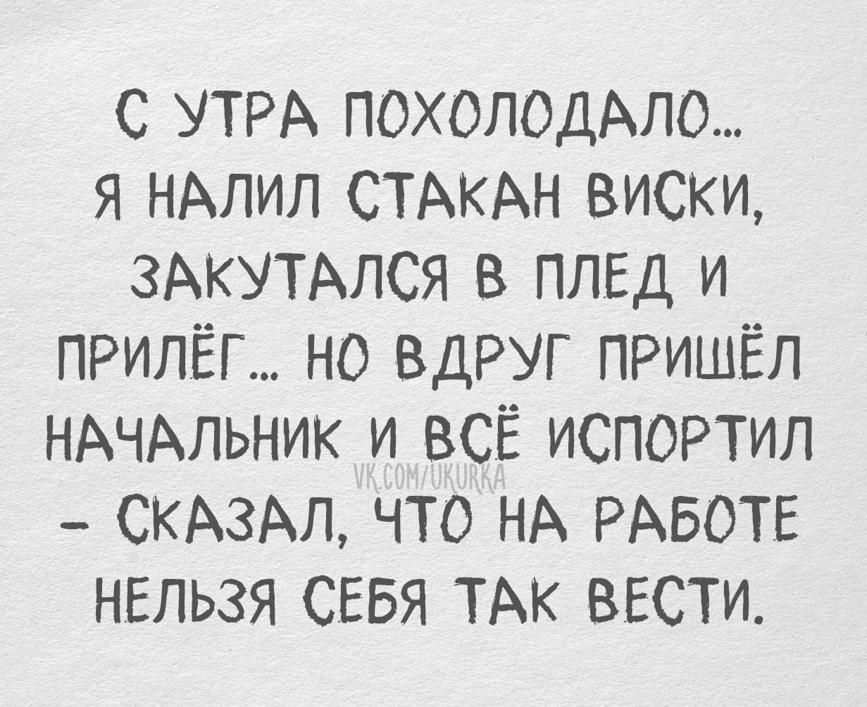С УТРА ПОХОЛОДАЛО... Я НАЛИЛ СТАКАН ВИСКИ, ЗАКУТАЛСЯ В ПЛЕД И ПРИЛЁГ... НО ВДРУГ ПРИШЁЛ НАЧАЛЬНИК И ВСЁ ИСПОРТИЛ - СКАЗАЛ, ЧТО НА РАБОТЕ НЕЛЬЗЯ СЕБЯ ТАК ВЕСТИ.