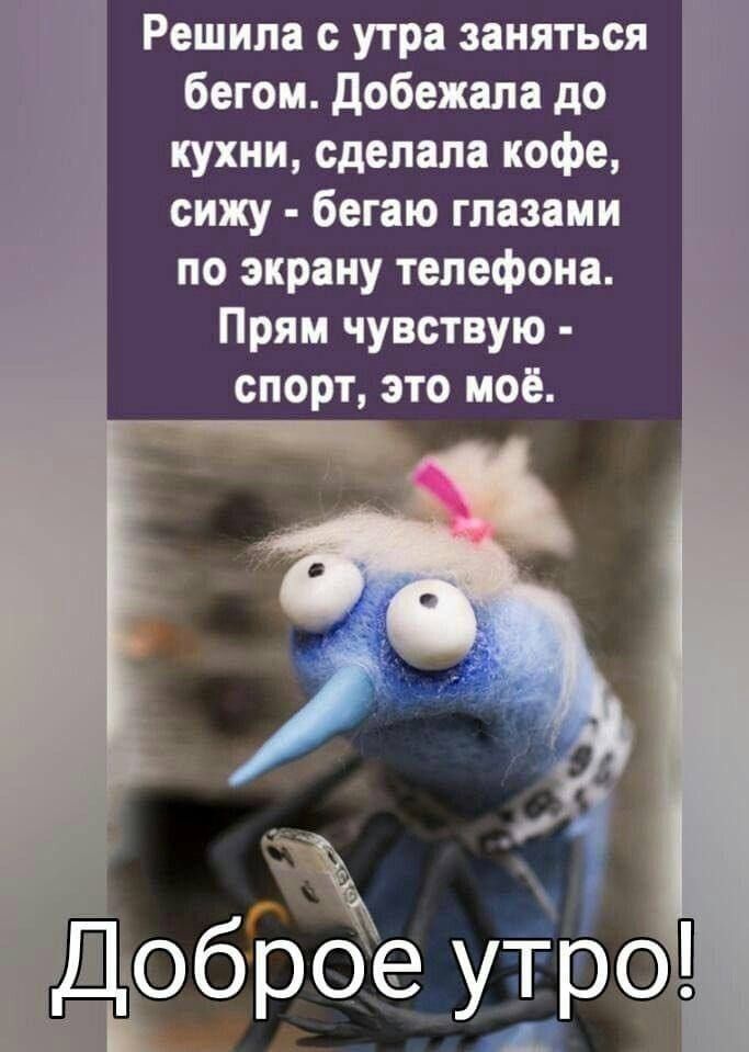 Решила с утра заняться бегом. Добежала до кухни, сделала кофе, сижу - бегаю глазами по экрану телефона. Прям чувствую - спорт, это моё.\nДоброе утро!