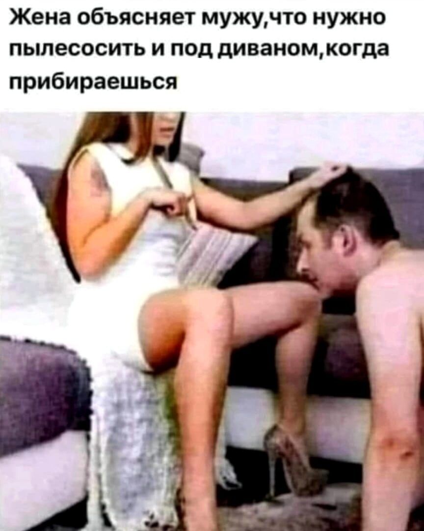 Жена объясняет мужу,что нужно пылесосить и под диваном,когда прибираешься