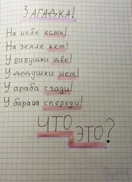 Загадка! На небе есть! На земле нет! У бабушки две! У дедушки нет! У араба сзади! У барана спереди! ЧТО ЭТО?