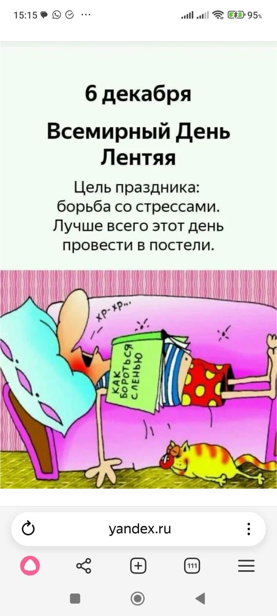 6 декабря Всемирный День Лентяя. Цель праздника: борьба со стрессами. Лучше всего этот день провести в постели.