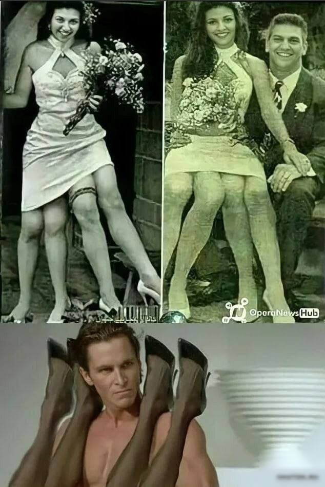 Коллаж: женщина в коктейльном платье позирует на свадьбу; снизу кадр с застывшим мужчиной и босыми ногами вокруг него (мемный элемент).