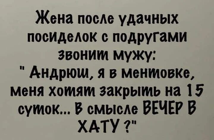 Жена после удачных посиделок с подругами звонит мужу: «Андрюш, я в Мениковке, меня хотят закрыть на 15 суток... В смысле вечер в хату?»