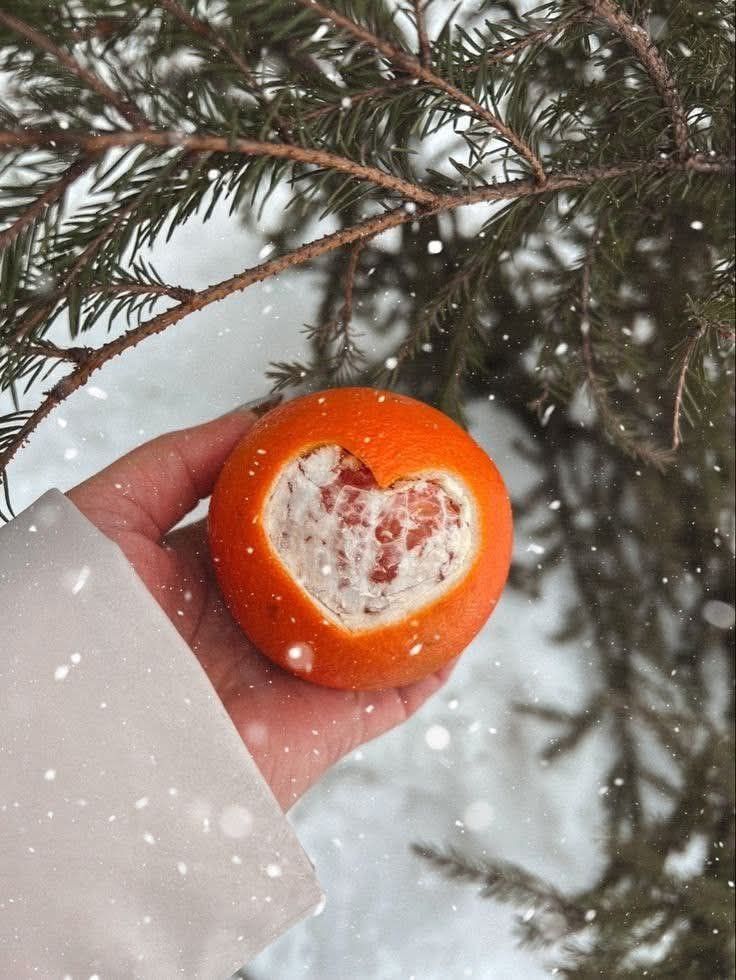 Рука держит хурму с сердцевидной вырезкой на фоне заснежной ветки.