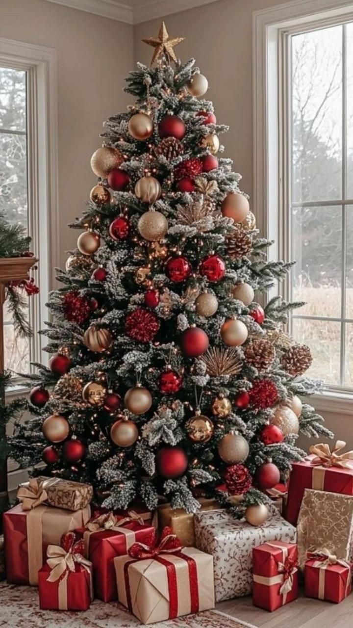 Новогодняя ёлка с золотистыми и красными шарами и подарками под ней у окна