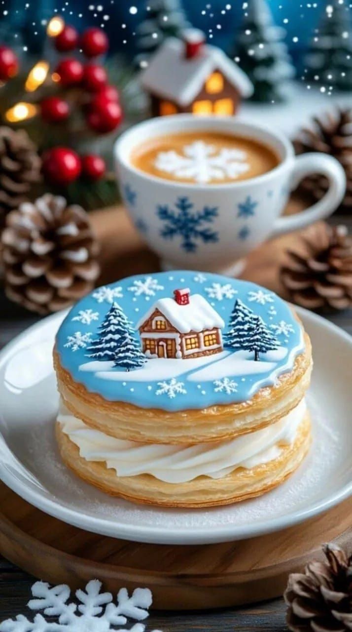 Зимний десерт: слоеный пирожок с глазурью и рисунком дома, кружка кофе на фоне святого вечера