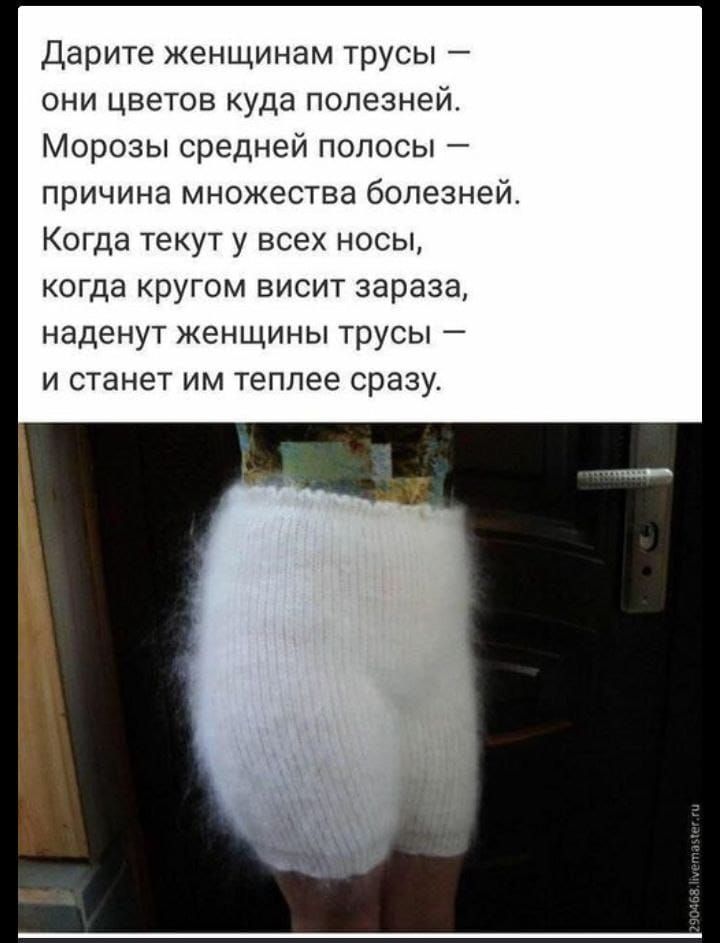 Дарите женщинам трусы — они цветов куда полезнее. Морозы средней полосы — причина множественных болезней. Когда текут у всех носы, когда кругом висит зараза, наденут женщины трусы — и станет им теплее сразу.