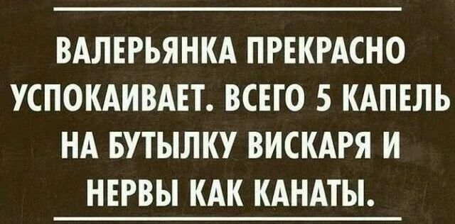 ВАЛЕРЬЯНКА ПРЕКРАСНО УСПОКАИВАЕТ. ВСЕГО 5 КАПЕЛЬ НА БУТЫЛКУ ВИСКАРЯ И НЕРВЫ КАК КАНАТЫ.