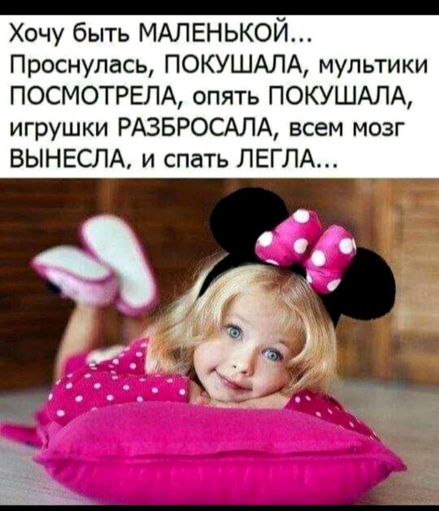 Хочу быть МАЛЕНЬКОЙ Проснулась ПОКУШАЛА мультики ПОСМОТРЕЛА опять ПОКУШАЛА игрушки РАЗБРОСАЛА всем мозг ВЫНЕСЛА и спать ЛЕГЛА