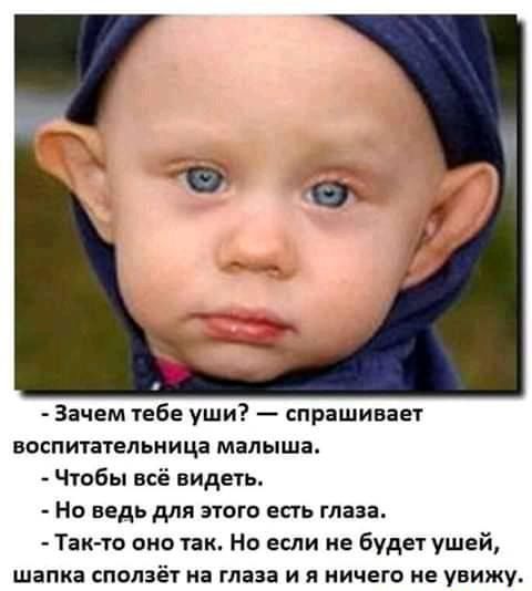 Зачем тебе уши спрашивает воспижатепьмица малыша Чтобы всё видеть Но ведь для этого есть глаза Так то она так Но если не будет ушей шапка сползёт на глаза и я ничего не увижу
