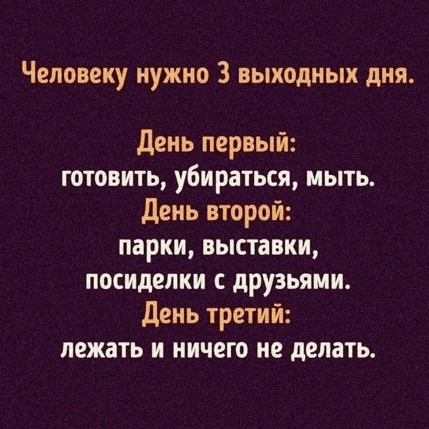 Человеку нужно 3 выходных дня день первый готовить убираться мыть день второй парки выставки посиделки друзьями день третий лежать и ничего не делать