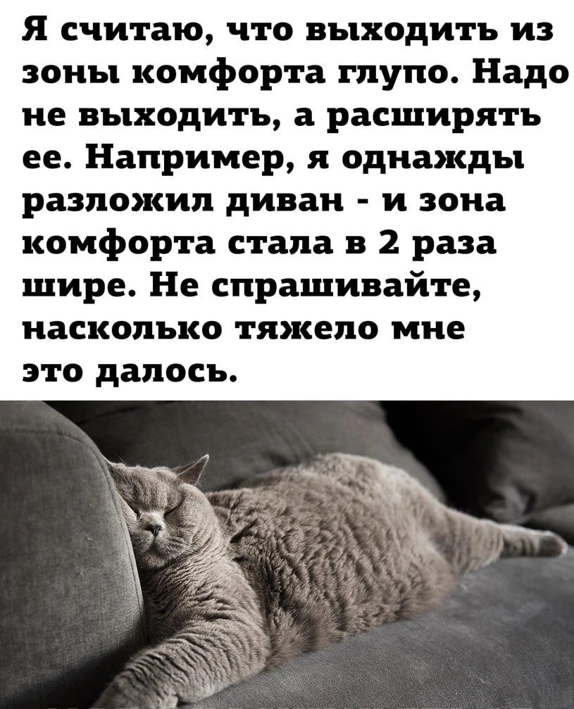 Я считаю что выходить из зоны комфорта глупо Надо не выходить а расширять ее Например и однажды разложил диван и зона комфорта стала в 2 раза шире Не спрашивайте насколько тяжело мне ЭТО далось