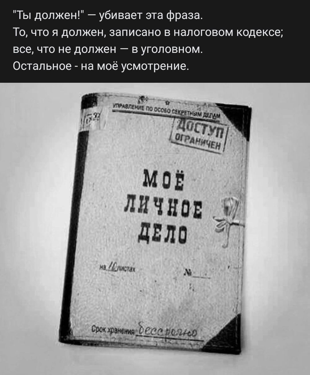 Ты должен убивает эта фраза То что я должен записано в налоговом кодексе все ЧТО не должен В УГОЛОВНОМ Остальное на мое усмотрение