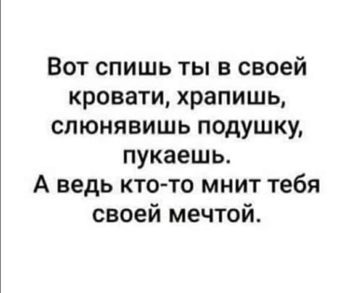 Вот спишь ты в своей кровати храпишь слюнявишь подушку пукаешь А ведь кто то мнит тебя своей мечтой
