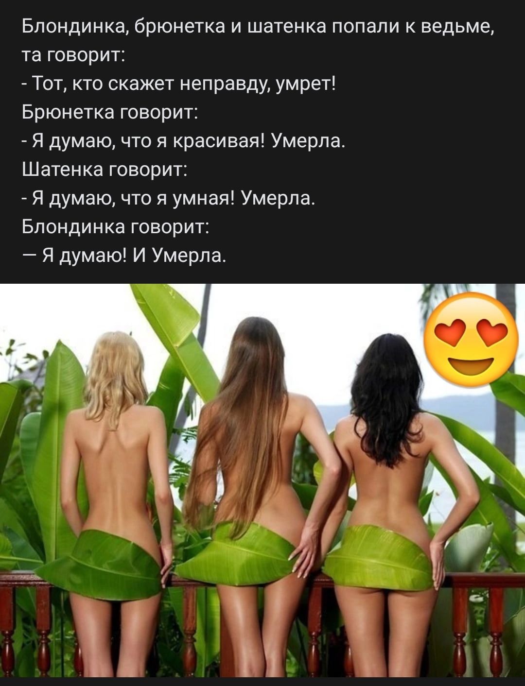 Блондинка брюнетка и шатенка попали ведьме та говорит Тст кто скажет неправду умрет Брюнетка говорит я думаю что я красивая Умерла Щатенка говорит я думаю что я умнаяч Умерла Блондинка говорит 7 я думаю и Умерла