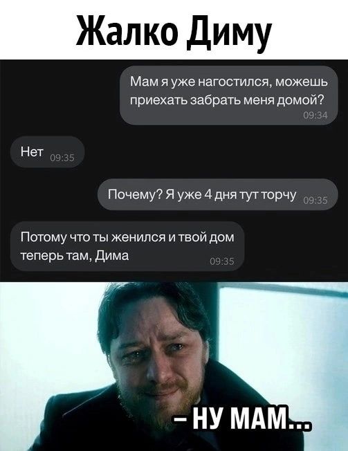 Жалко Диму Мам я уже нагостипся можешь приехать забрать меня домой Нет Почему я уже 4 дня тут торчу Потому что ты женился и твой дом теперь тм Дима