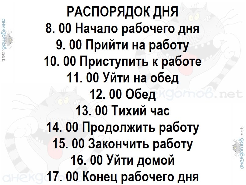 РАСПОРЯДОК ДНЯ 8 00 Начало рабочего дня 9 00 Прийти на работу 10 00 Приступить к работе 11 00 Уйти на обед 12 00 Обед 13 00 Тихий час 14 00 Продолжить работу 15 00 Закончить работу 16 00 Уйти домой 17 00 Конец рабочего дня