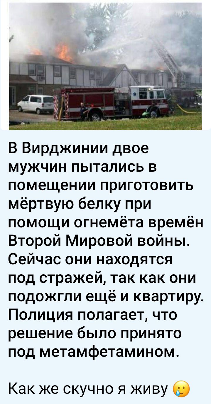 В Вирджинии двое мужчин пытались в помещении приготовить мёртвую белку при помощи огнемёта времён Второй Мировой войны Сейчас они находятся под стражей так как они подожгли ещё и квартиру Полиция полагает что решение было принято под метамфетамином Как же скучно я живу