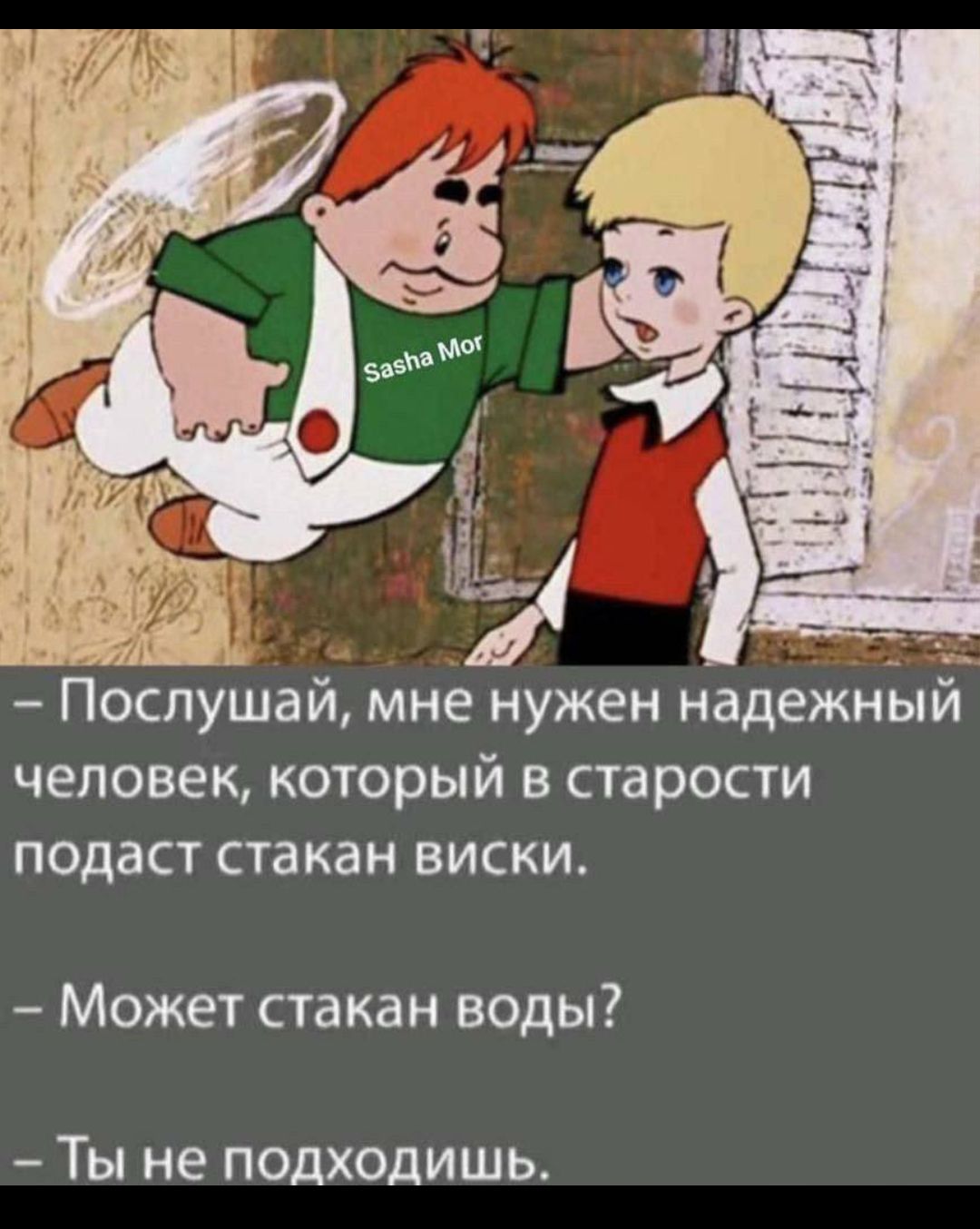 Послушай мне нужен надежный человек который в старости подаст стакан виски Может стакан воды Ты не подходишь