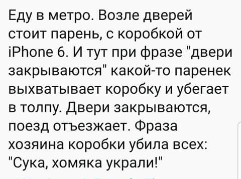 Еду в метро Возле дверей стоит парень с коробкой от іРЬопе 6 И тут при фразе двери закрываются какойто паренек выхватывает коробку и убегает в толпу Двери закрываются поезд отъезжает Фраза хозяина коробки убила всех Сука хомяка украли