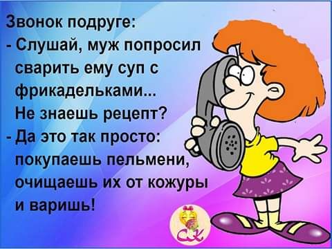 Звонок подруге Слушай муж попросил сварить ему суп с фрикадельками Не знаешь рецепт да это так просто покупаешь пельмени очищаешь их от кожуры и варишь