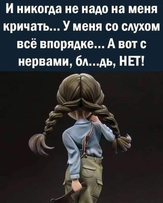 И никогда не надо на меня кричать У меня со слухом всё впорядке А вот с нервами бААЬ НЕТ 7 а А г