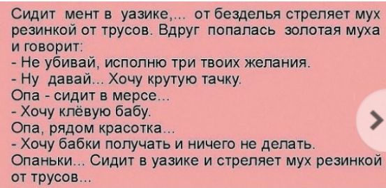 Сидит мент в уазике от безделья стреляет мух резинкой от трусов Вдруг попалась золотая муха и говорит Не убивай исполню три твоих желания Ну давай Хочу крутую тачку Опа сидит в мерсе Хочу кпёвую бабу Опа рядом красотка Хочу бабки получать и ничего не делать Опаньки Сидит в уазике и стреляет мух резинкой от трусов