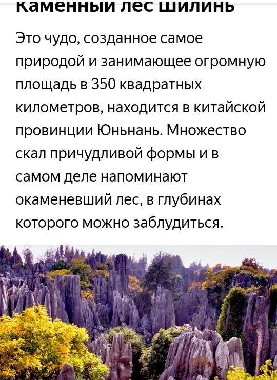 КдМЗННЫИ лес ШИЛИНЬ Это чудо созданное самое природой и занимающее огромную площадь в 350 квадратных километров находится в китайской провинции Юньнань Множество скал причудливой формы и в самом деле напоминают окаменевший лес в глубинах которого можно заблудиться