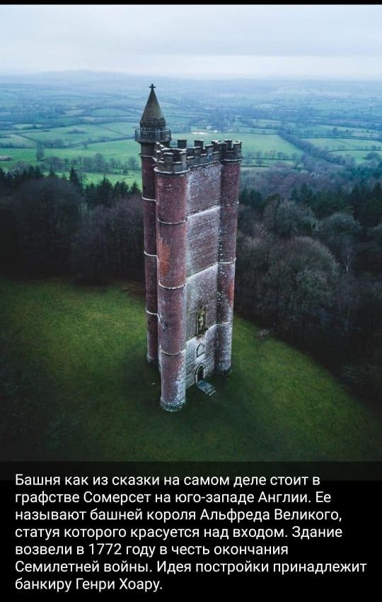 Башня как из сказки на самом деле стоит в графстве Сомерсет на юго западе Англии Ее называют башней короля Альфреда Великого статуя которого красуется над входом Здание возвели в 1772 году в честь окончания Семилетней войны Идея постройки принадлежит банкиру Генри Хоару