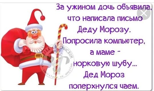 За ужином дочь объявила в ЧТО НЭПИСЭПЭ ПИСЬМО деду Морозу Попросипа компьютер а маме норковую шубу дед Мороз поперхнулся чаем