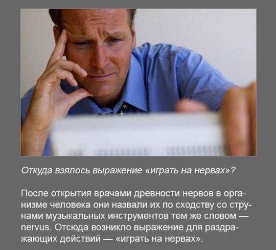 Откуда взялось выражение играть на нервах После открытия врачами древности нервов в орт низме человека они назвали их по сходству со стру НВМИ музыкальных ИНСТРУМЕНТОВ тем ЖЕ СПОЕОМ пелиз Отсюда возникло выражение для раздра жающих действий играть на нервах