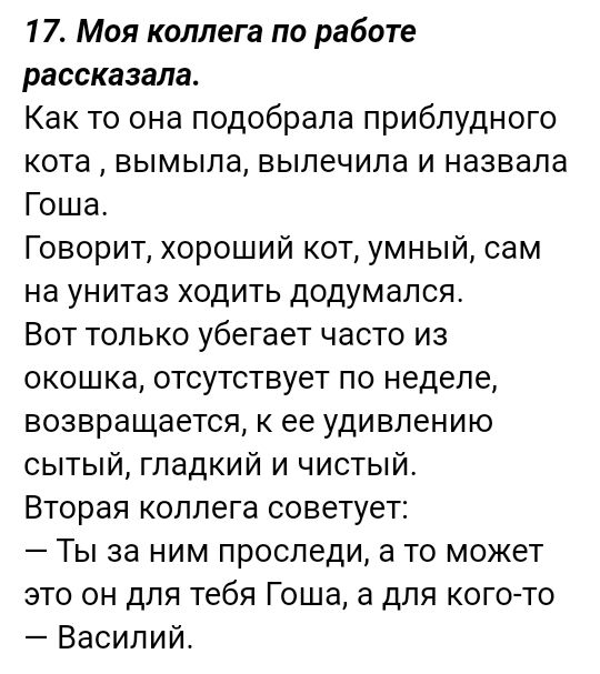17 Моя коллега по работе рассказала Как то она подобрала приблудного кота вымыла вылечила и назвала Гоша Говорит хороший кот умный сам на унитаз ходить додумался Вот только убегает часто из окошка отсутствует по неделе возвращается к ее удивлению сытый гладкий и чистый Вторая коллега советует Ты за ним проследи а то может это он для тебя Гоша а для кого то Василий