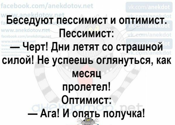 Беседуют пессимист и оптимист Пессимист Черт Дни летят со страшной силой Не успеешь оглянуться как месяц пролетел Оптимист Ага И опщь получка