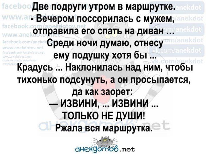 две подруги утром в маршрутке Вечером поссорилась с мужем отправила его спать на диван Среди ночи думаю отнесу ему подушку хотя бы Крадусь Наклонипась над ним чтобы тихонько подсунуть а он просыпается да как заорет ИЗВИНИ ИЗВИНИ ТОЛЬКО НЕ дУШИ Ржала вся маршрутка 0Н2К90Ё06 пеі