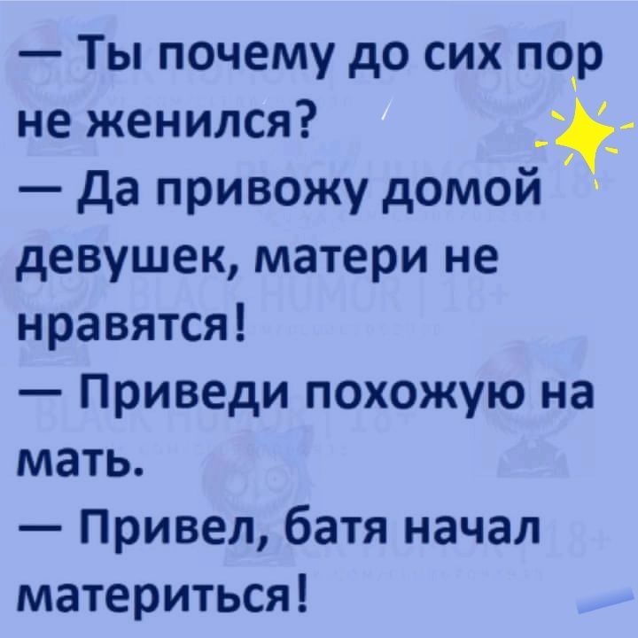 Ты почему до сих пор не женился да привожу домой девушек матери не нравятся Приведи похожую на мать Привел батя начал материться