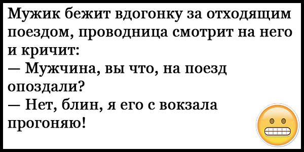 Мужик бежит вдогонку за отходящим поездом проводница смотрит на него и кричит Мужчина вы что на поезд опоздали Нет блин я его с вокзала прогоняю