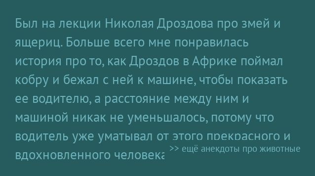 Был на лекции Николая Дроздова про змей и ящериц Больше всего мне понравилась история про ю как Дроздов в Африке поймал кобру и бежал ней к машине чтобы показать ее водителюа расстояние между ним и машиной никак не уменьшалось потому что водитель уже уматывал от этого поекоасного и и вдохновленного человек