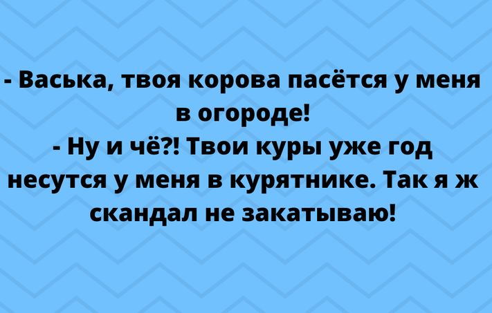 Васька твоя корова пасётся у меня в огороде Ну и чё1ваи куры уже год несутся у меня в курятнике Так я ж скандал не закаты аш