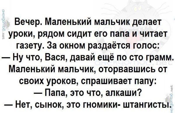 Вечер Маленький мальчик делает уроки рядом сидит его папа и читает газету За окном раздаётся голос Ну что Вася давай ещё по сто грамм Маленький мальчик оторвавшись от своих уроков спрашивает папу Папа это что алкаши Нет сынок это гномики штангисты