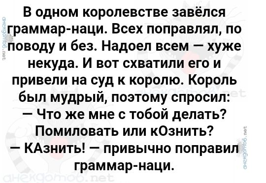 В одном королевстве завёлся граммар наци Всех поправляя по поводу и без Надоел всем хуже некуда И вот схватили его и привели на суд к королю Король был мудрый позтому спросил Что же мне с тобой делать Помиловать или кОзнить КАзнить привычно поправил граммар наци