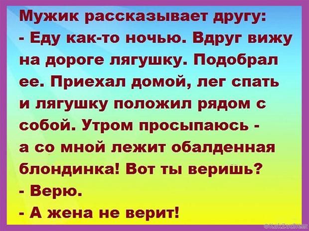 Мужик рясскдэыиет другу Еду както ночью Вдруг вижу на дороге лягушку одобрял ее Приехал домой пег спать и лягушку попожип рядом с собой Утром просыпаюсь а со мной лежит обалденная блондинка Вот ты веришь Верю А жена не верит