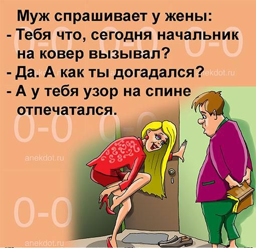 Муж спрашивает у жены Тебя что сегодня начальник на ковер вызывал Да А как ты догадался А у тебя узор на спине отпечатапся