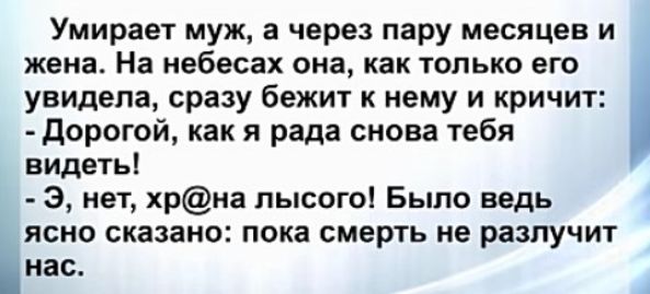 Умирает муж а через пару месяцев и жена На небесах она как только его увидела сразу бежит к нему и кричит дорогой как я рада снова тебя видеть 3 нет хриа лысого Было ведь по сказано пока смерть не разлучит нас