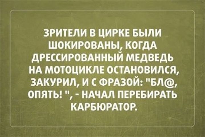 зрители в цирке выпи шокировдны КОГДА дгшировшиый мвдввдь нА мотоцикл остдиовидся здкугип и ФРАЗОЙ вл опяты НАЧАЛ ПЕРЕБИРАТЬ кдгвюмтог