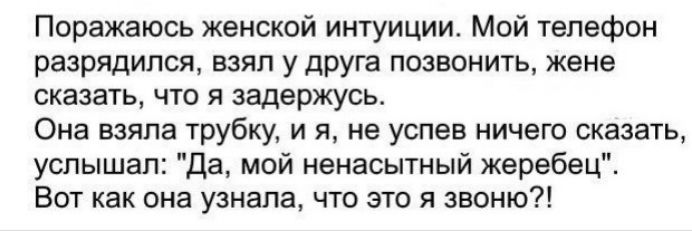 Паражаюсь женской интуиции Мой телефон разрядился взял у друга позвонить жене сказать что я задержусь Она взяла трубку и я не успев ничего сказать услышал да мой ненасытный жеребец Вот как она узнала что это я звоню
