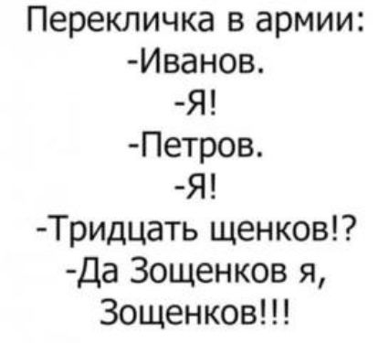 Перекличка в армии Иванов Я Петров Я Тридцать щенков Да Зощенков я Зощенков